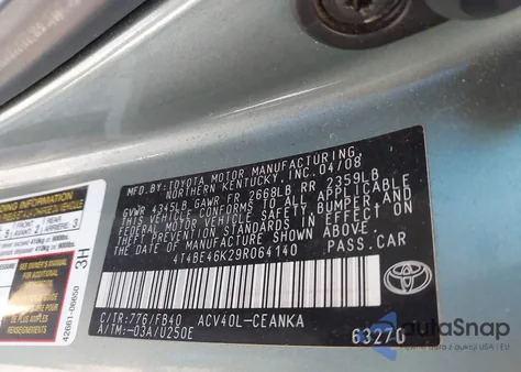 2009 Toyota Camry Le z USA, uszkodzony, nr VIN 4T4BE46K29R064140